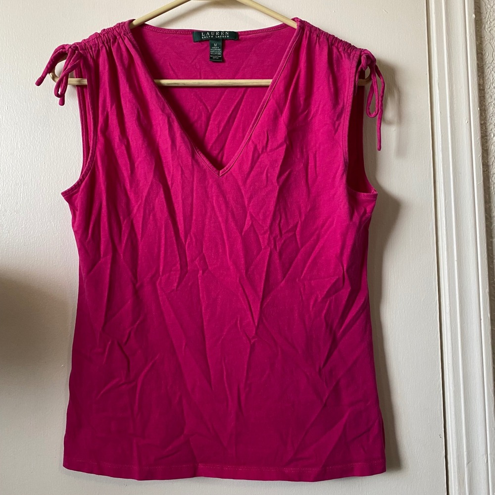 Lauren Ralph Lauren Pink Sleeveless V-Neck Top with Shoulder Ties M